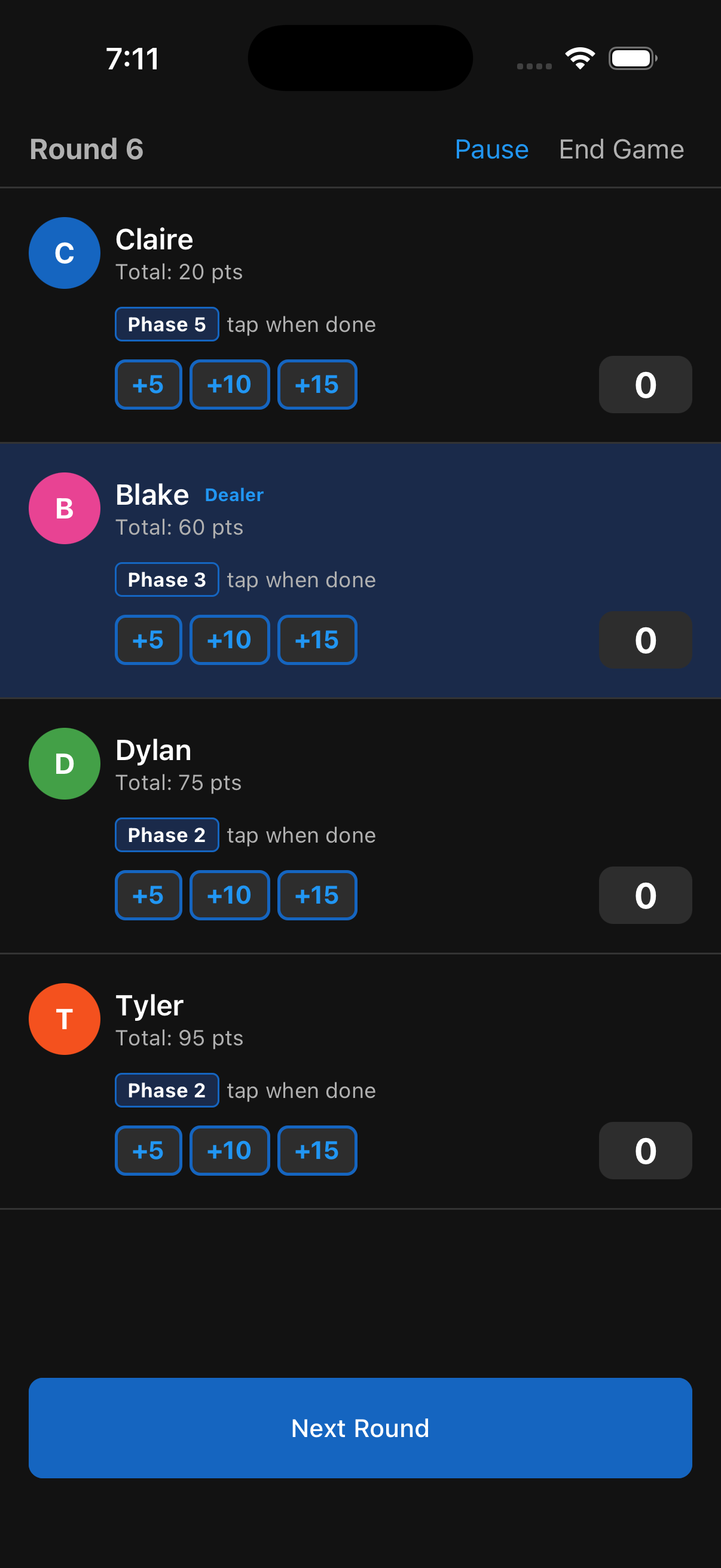 Phase Count gameplay screen showing 4 players with scores and phases